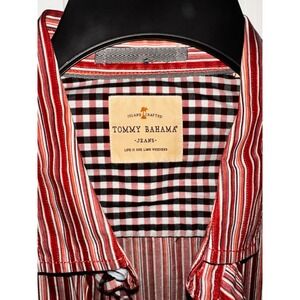 Tommy Bahama Mens Red White Black Striped Gingham Collar Casual Button Dn Shirt
